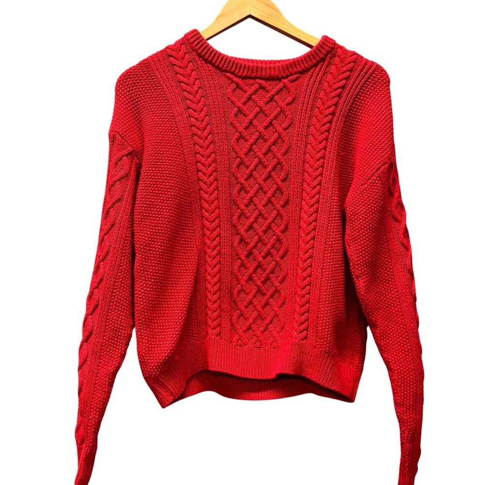 J Crew Sweater Cable Knit Crewneck Red‎ Coastal Fisherman Cotton Womens Medium
